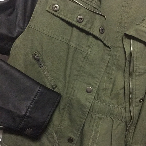 Green Military Jacket with Faux Leather Sleeves - Picture 6 of 7